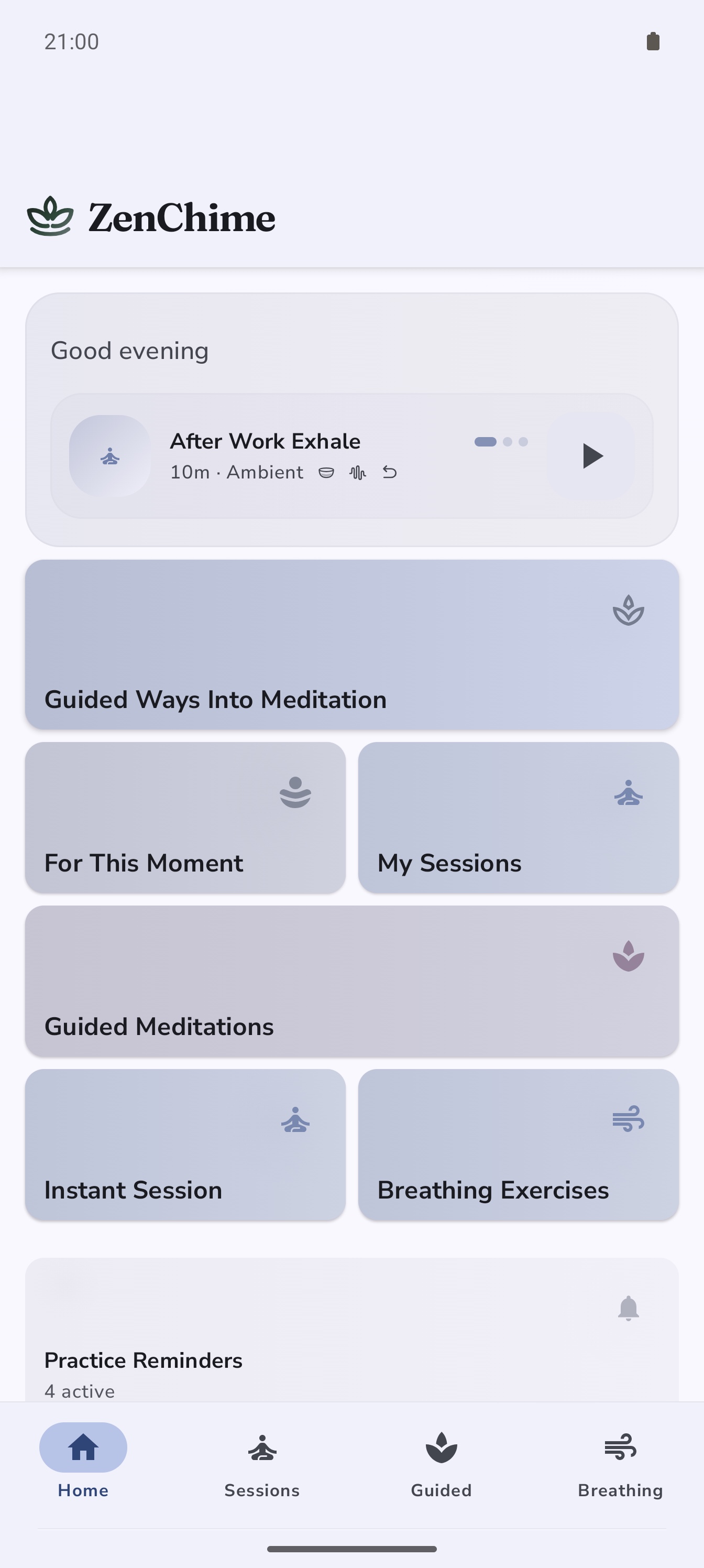 ZenChime Home screen in the Stillwater light theme.