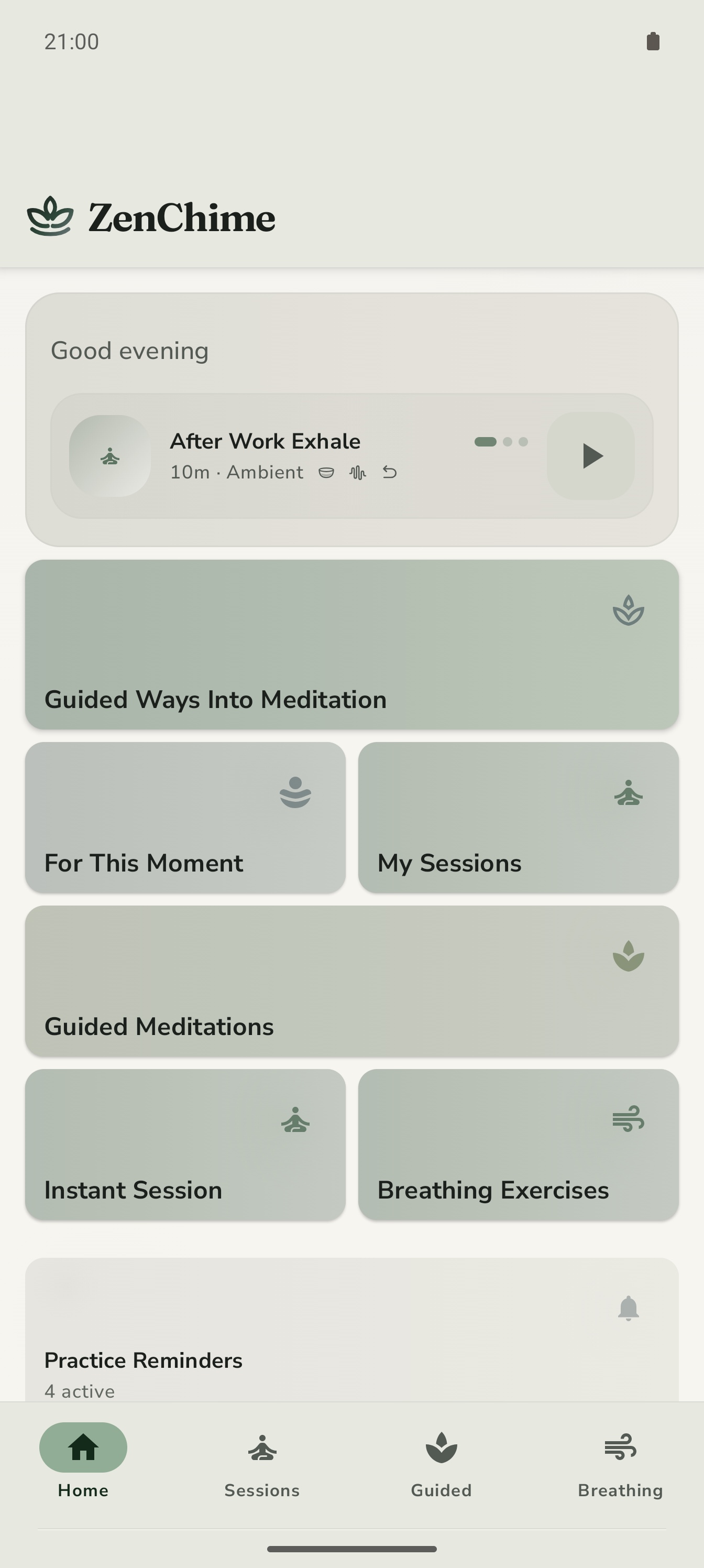 ZenChime Home screen shown in a light phone mockup.