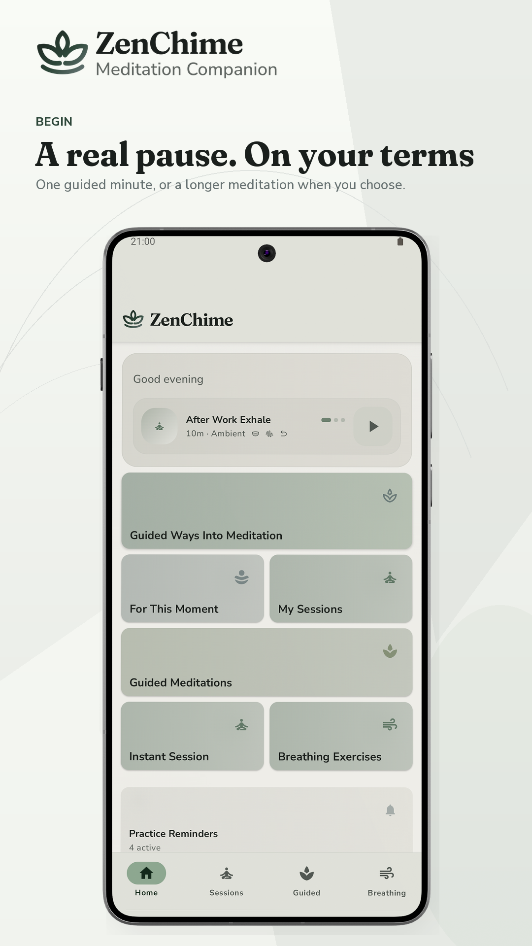 ZenChime Home shown in a light Android phone composition.