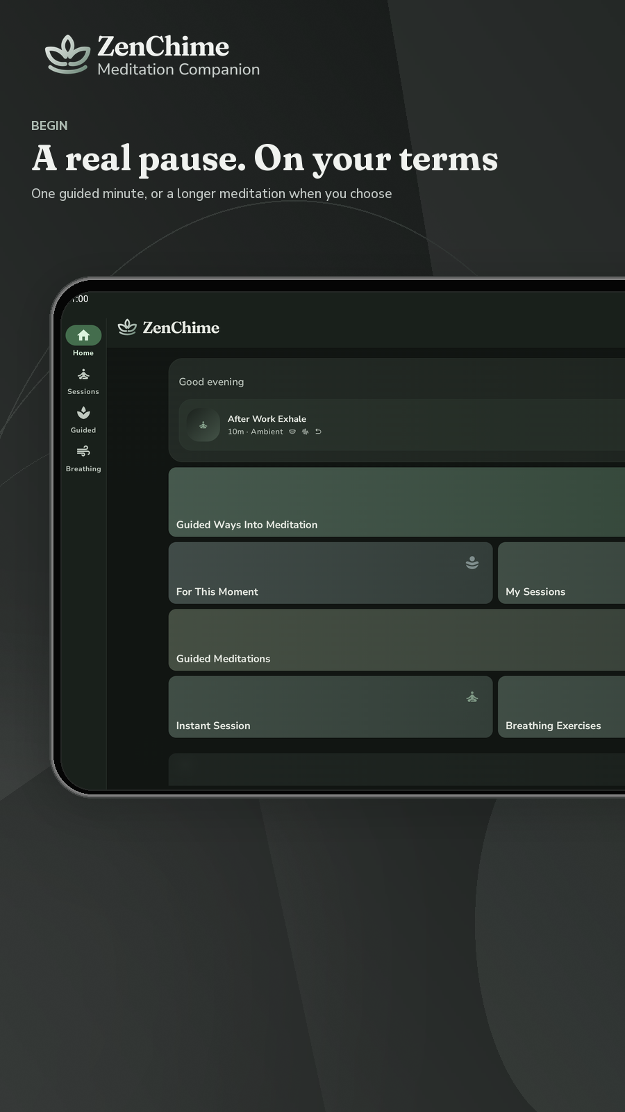 ZenChime Home in landscape on the same tablet using the dark app theme.