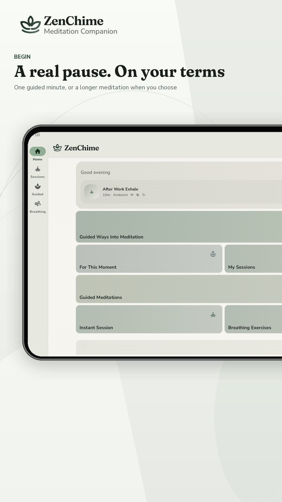 ZenChime Home in landscape on the same tablet using the light app theme.