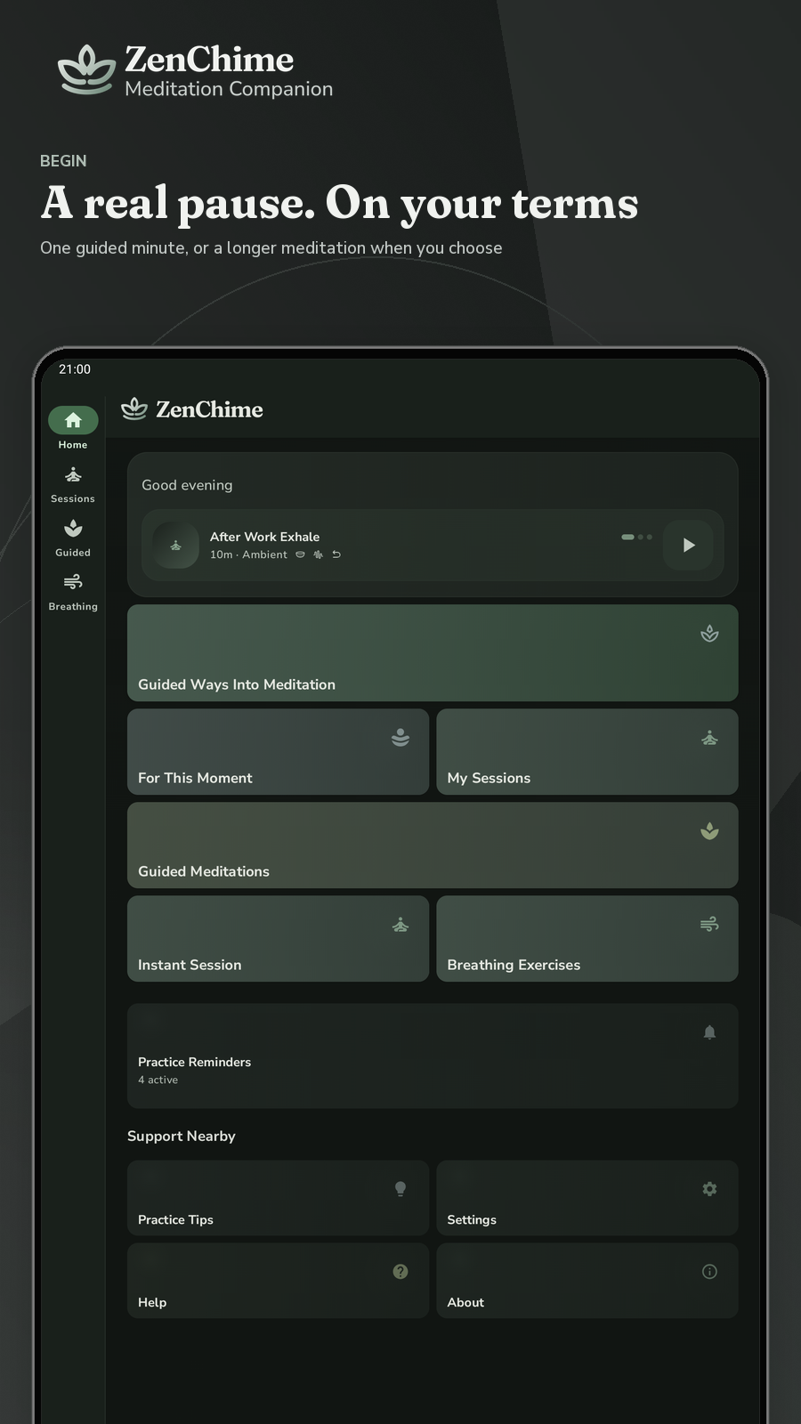 ZenChime Home in portrait on a tablet using the dark app theme.