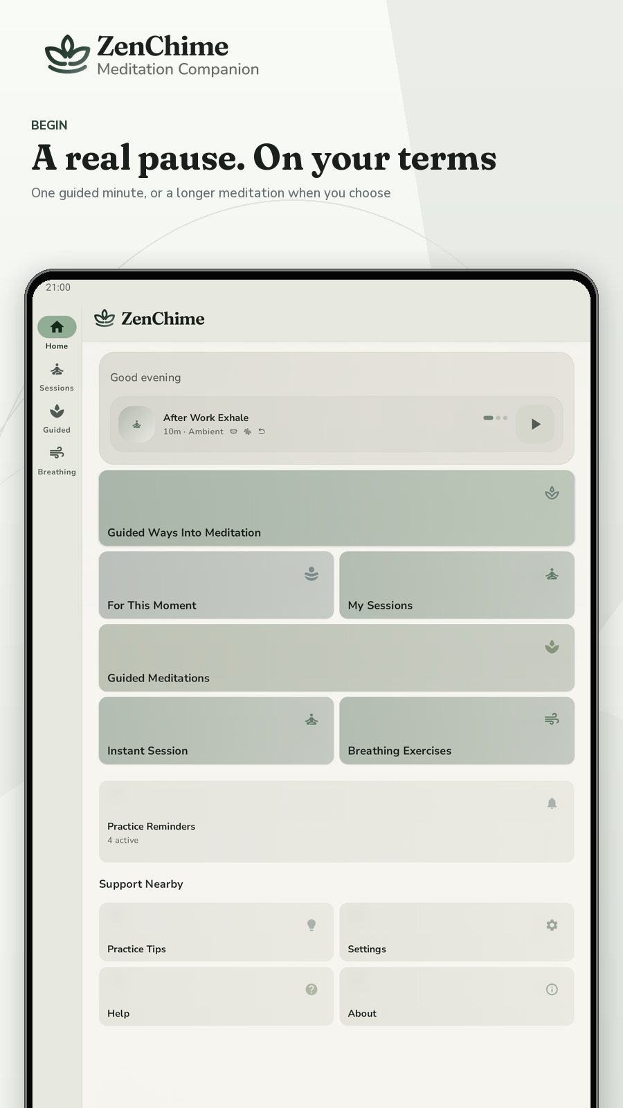 ZenChime Home in portrait on a tablet using the light app theme.